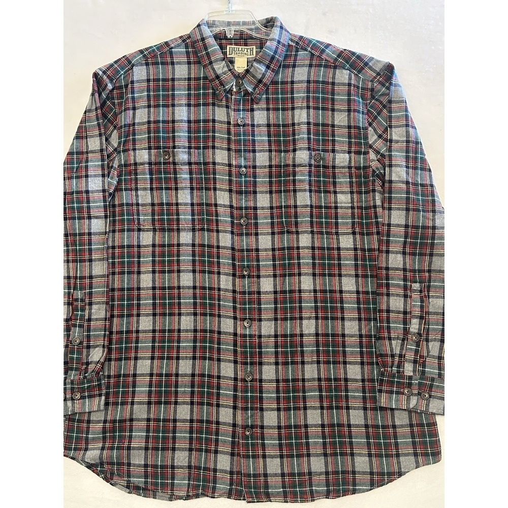 Duluth Trading Flannel Shirt Mens‎ 2XL Tall Gray Red Green Plaid Button Down EUC